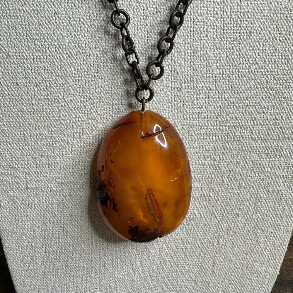 Baltic Amber Free Form Pendant Necklace Butterscotch Honey Antiqued Chain 26” - Picture 3 of 16